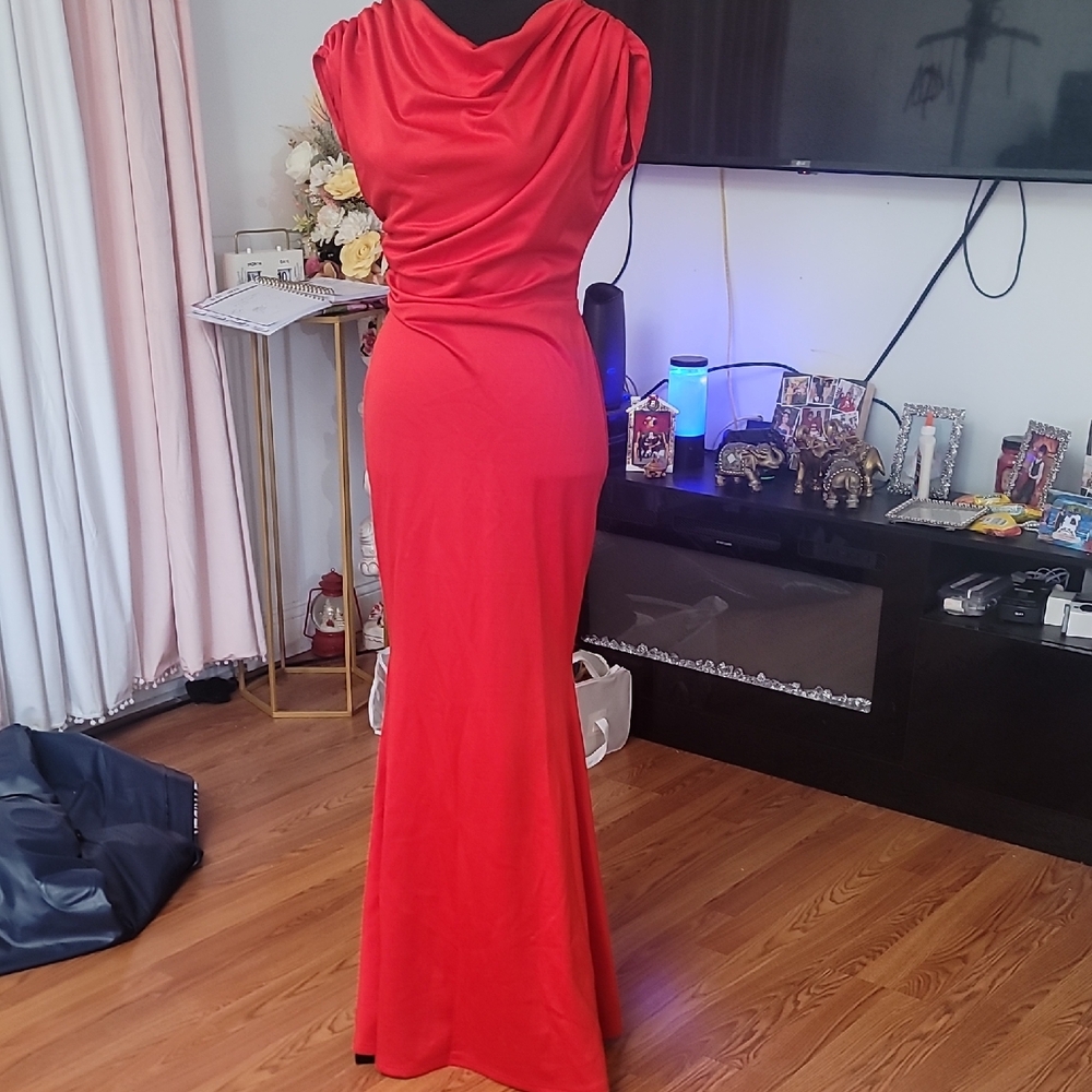 Red Sleeveless Cowl Neck Backless Gown